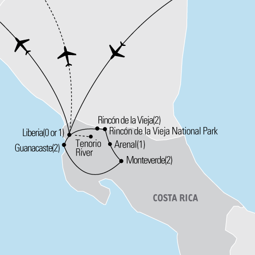 Map of Costa Rican Highlights tour