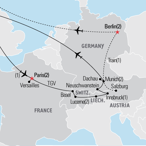 Map of France, Switzerland, Austria & Germany tour