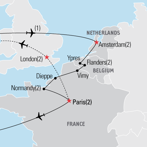 Map of D-Day Netherlands and France tour