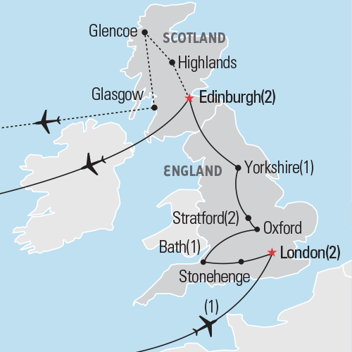 Map of London, the Countryside & Edinburgh tour