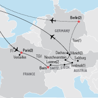 Map of France, Switzerland, Austria & Germany Educational Tour