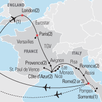 Map of London, France, & Italy Educational Tour