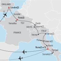 Map of London, Paris, Switzerland, & Italy Educational Tour
