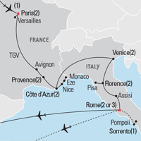 Map of Paris, the South of France, & Italy Educational Tour 