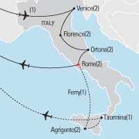 Map of Venice, Florence, Ortona and Rome