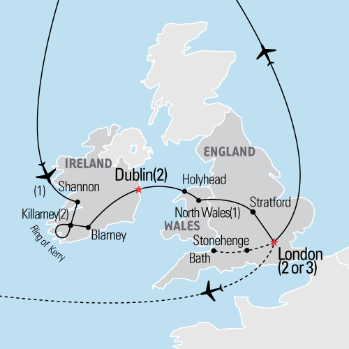 Map of Ireland, Wales & England Educational Tour