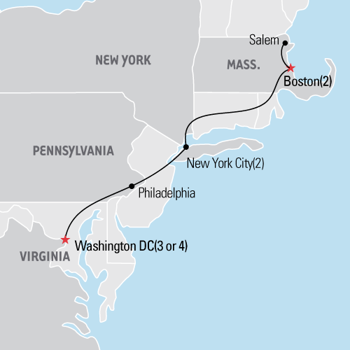 Map of Boston, New York City & Washington, DC tour
