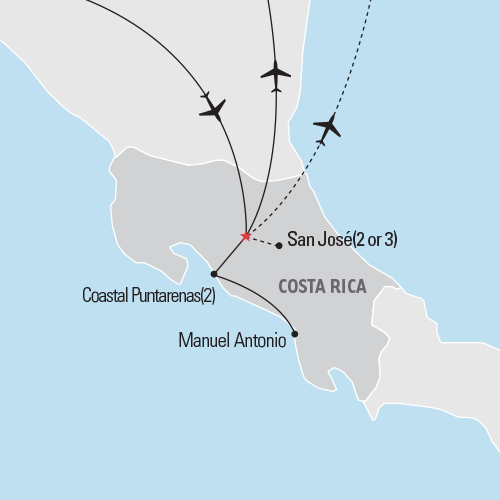 Map of Costa Rica: San José & the Coastal Puntarenas tour