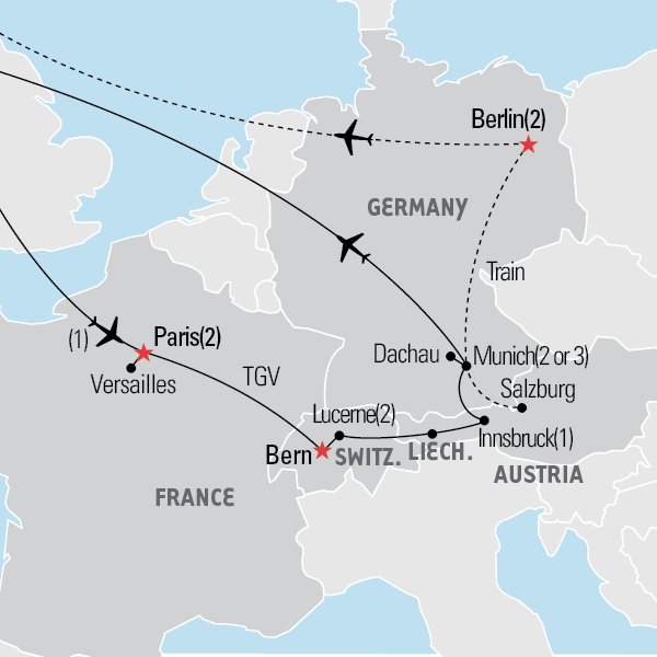 Map of France, Switzerland, Austria & Germany tour