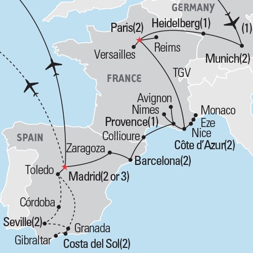Map of Germany, France & Spain tour