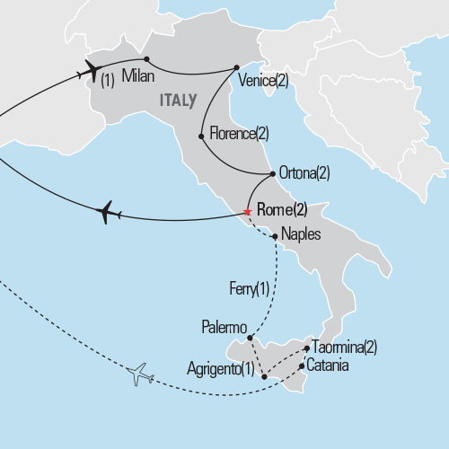 Map of Venice, Florence, Ortona & Rome tour