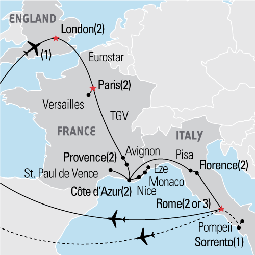 Map of London, France & Italy tour