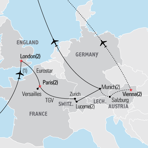 Map of London, Paris & the Alps tour