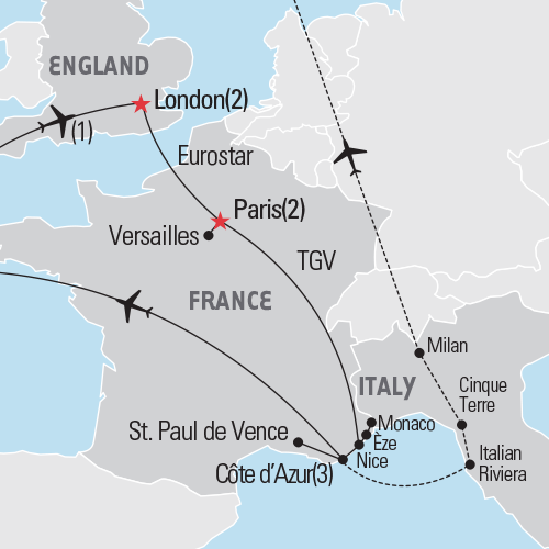 Map of London, Paris & the Cote d'Azur tour