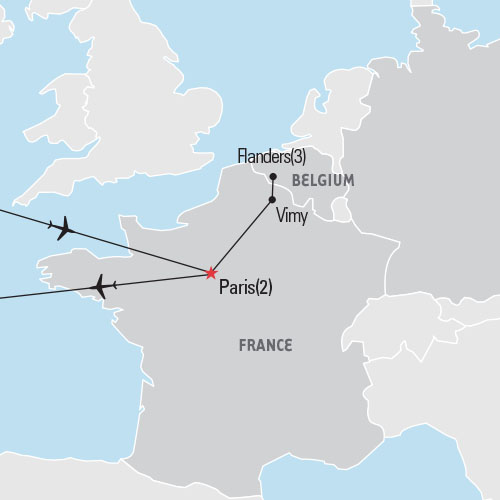 Map of Paris and Vimy tour