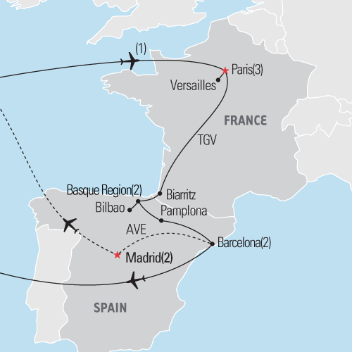 Map of the Paris, the Basque Country & Barcelona tour