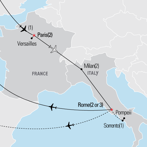 Map of Paris, Milan & Rome tour