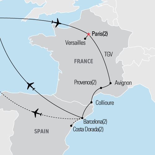Map of Paris, Provence & Barcelona tour