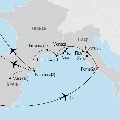 Map of Italy, France & Spain tour